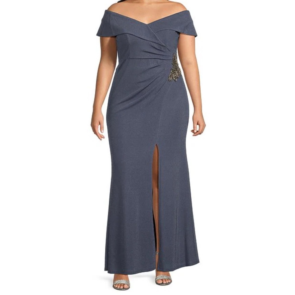 Alex Evenings Off-Shoulder Slate Blue Maxi Dress